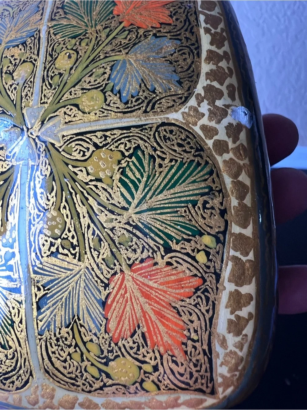 Vintage 1970s Kashmiri Papier Mâché Jewelry Box Domed Lid Gold Floral Trinket